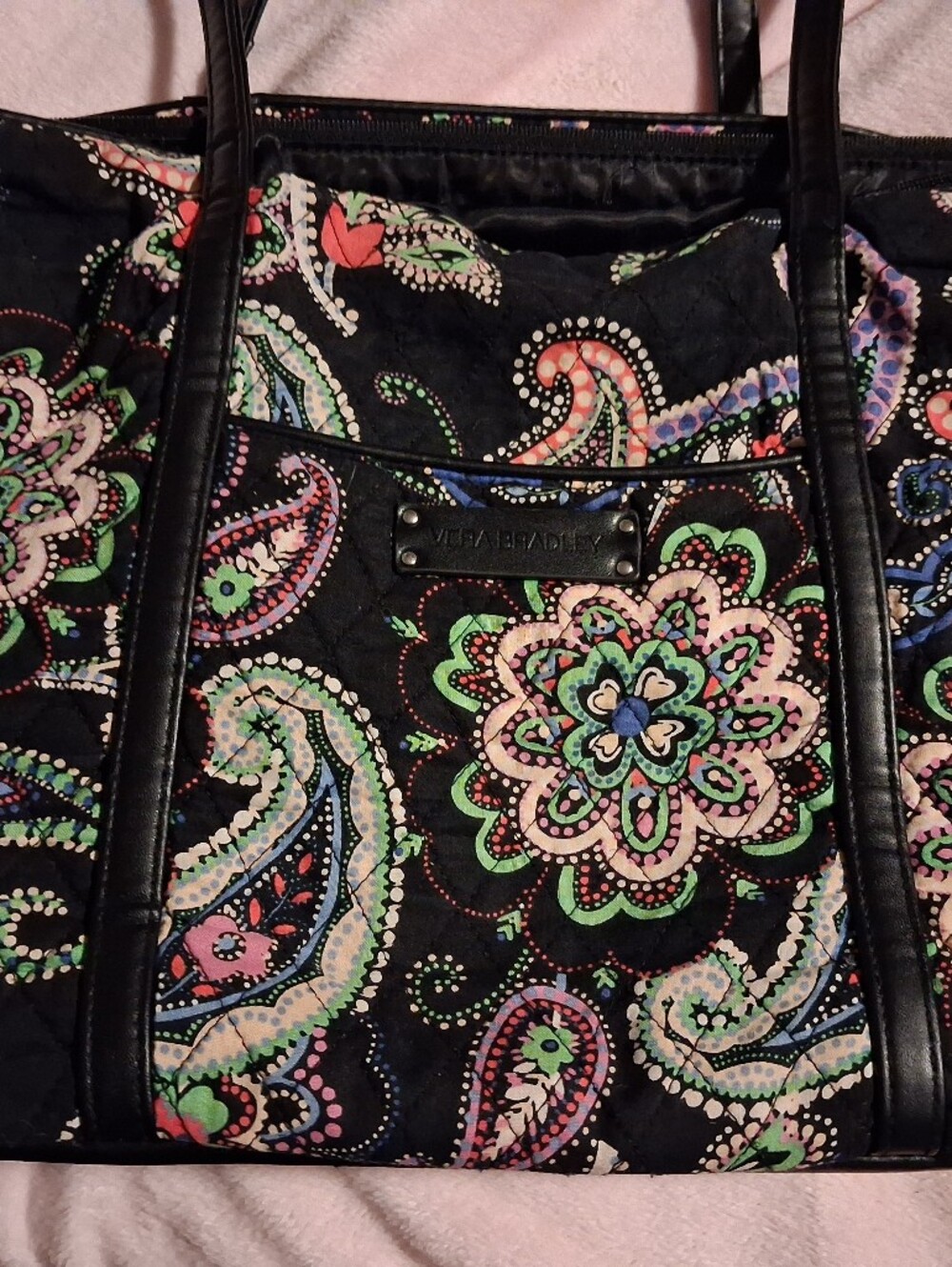 Vera Bradley Black Quilted Tote with Pink, Green, Blue Paisley